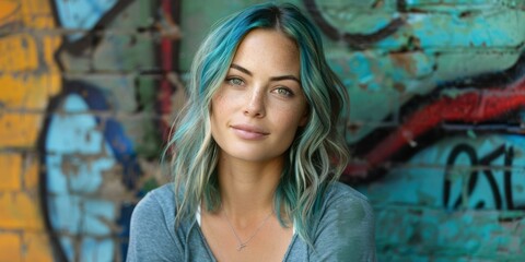 Naklejka premium A woman with blue hair stands in front of a colorful wall. AI.