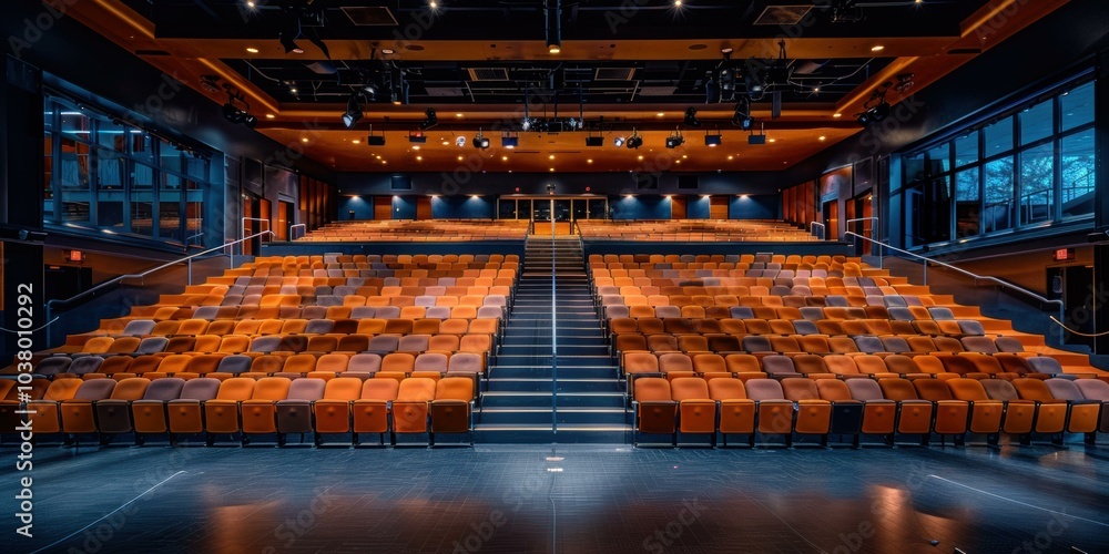 Poster an empty auditorium with rows of seats. ai.