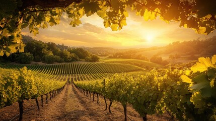 Naklejka premium Golden Sunset Over Vineyard Rows in Tranquil Landscape