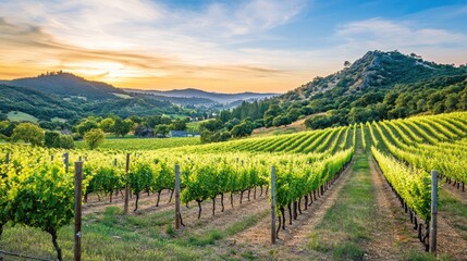 Fototapeta premium Serene Vineyard Landscape at Sunset in the Countryside