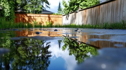 Backyard with standing water reflecting the surrounding trees and sky, capturing the serene beauty of nature's reflection and the tranquility of a still moment.