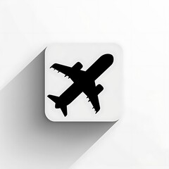 A simple black silhouette of an airplane on a white background, symbolizing travel and transport.