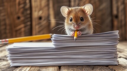 A cute mouse holding a pencil atop a stack of papers, creating a whimsical office scene.