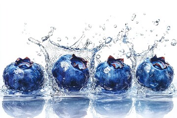 Isolated on a white backdrop is a collection of blueberries with a spray of water. Generative Ai