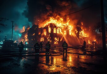 Obraz premium Brave Firefighters Battling Massive Building Fire at Night