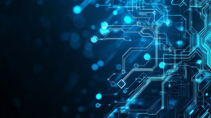 Abstract digital circuitry design with glowing blue elements on a dark background.