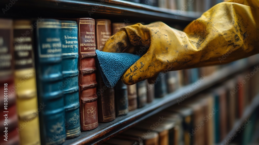 Aufkleber worker using a dusting cloth to clean a bookshelf highlighting home maintenance and cleanliness