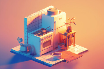 Miniature kitchen scene with warm ambient pastel color scheme