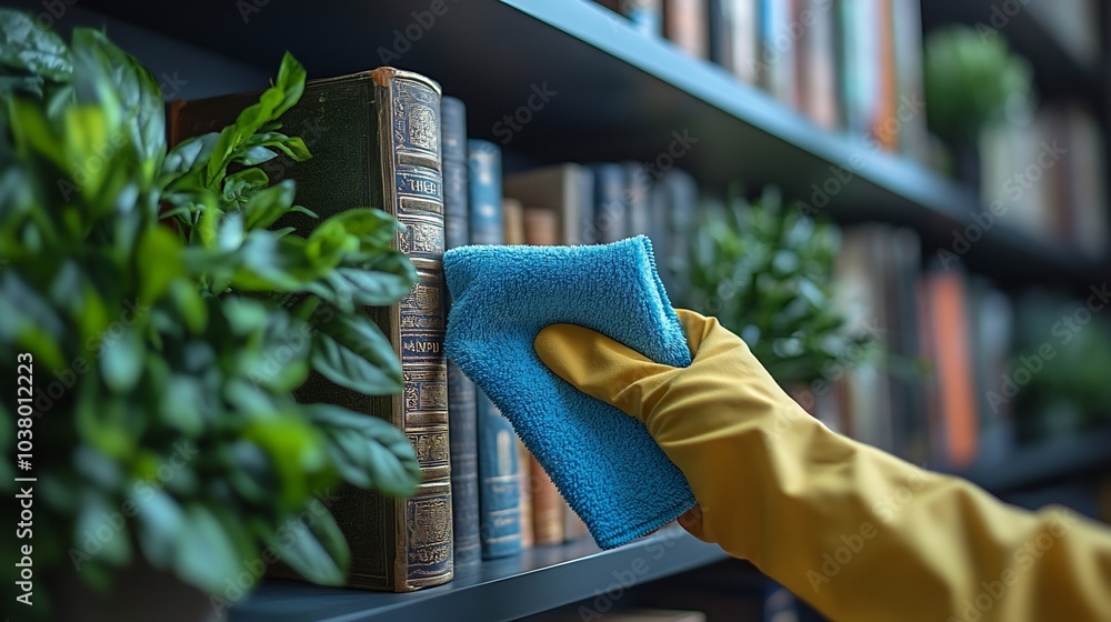 Aufkleber worker using a dusting cloth to clean a bookshelf highlighting home maintenance and cleanliness