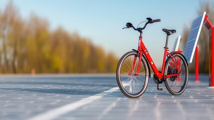 Fototapeta premium Red bicycle parked beside solar panels on a sunny day.