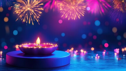 Banner design for diwali festival and podium,Diwali light decoration candle with fireworks,Stage,Product display Showcase design sparkle background,Deepavali,Dipavali,3D podium illustration.