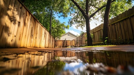 Backyard with standing water reflecting the surrounding trees and sky, capturing the serene beauty of nature's reflection and the tranquility of a still moment.
