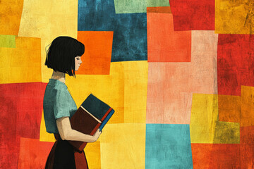 A student stands pensively with books in hand against a vibrant, colorful backdrop in an artistic setting