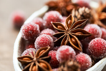 Christmas decoration on rustic wooden background. Close up.	