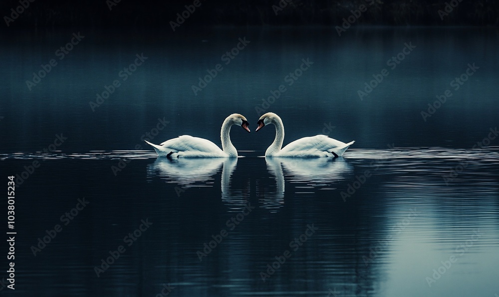 Poster Two swans forming a heart shape with their necks on a foggy lake.