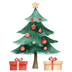 A festive Christmas tree adorned with colorful ornaments, surrounded by neatly wrapped presents, perfect for holiday celebrations.