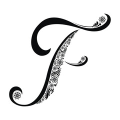 letter F isolated on white. Romantic letter of beautiful snowflake. Snowflake pattern letter. Vectot Illustration