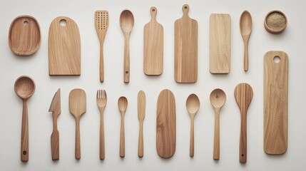 Wooden Kitchen Utensils on a Light Background