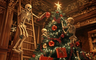 Obraz premium Skeleton Trimming the Christmas Tree. A 3D skeleton on a ladder, placing ornaments and lights on a Christmas tree, with a few gifts already under the tree. 