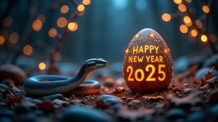 Snake coiled around a glowing "Happy New Year 2025" egg near Christmas lights, evoking a cozy and festive winter scene