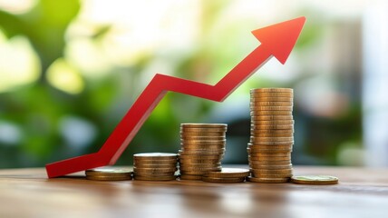 Red Upward arrow on money coin stack as growth graph steps in home shape symbol,Savings, income, home investment, real estate price value, property profit concepts,the rising price of real estate.