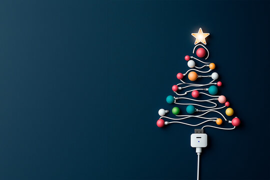 Modern Christmas tree made of white USB cable with colorful ornaments and star on top, plugged in on blue background. design/web/media