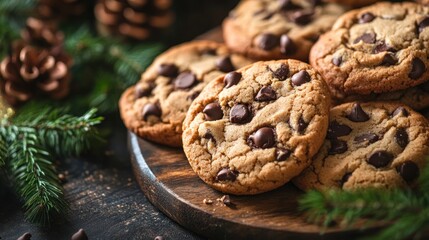 Obraz premium A plate of freshly baked chocolate chip cookies with pinecones and greenery.