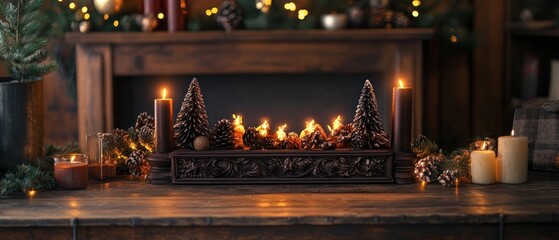 Obraz premium A cozy holiday scene featuring candles, pine trees, and festive decorations on a mantle.