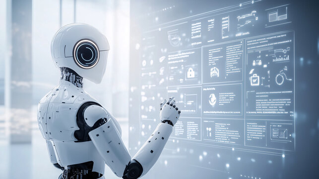 AI's role in enhancing business decisions on minimalist white background, AI assistant analyzing customer reviews, extracting key data points like date, product, rating, summary, action items