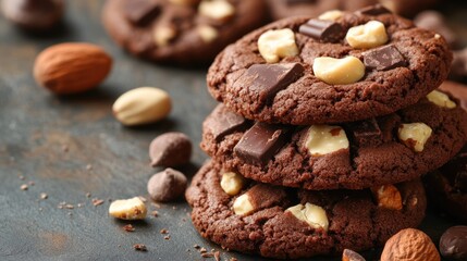 Obraz premium A stack of chocolate cookies with nuts and chocolate chunks, inviting and delicious.