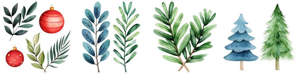 A collection of festive foliage, including lush green leaves and vibrant ornaments, set against a transparent background, perfect for holiday decorations.