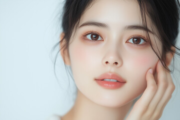 Fototapeta premium 頬に手を当てる日本人女性の顔のアップ