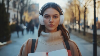 A handsome white brunette woman in white headphones listens to music on the street. Books in her hands. Looking straight into the camera