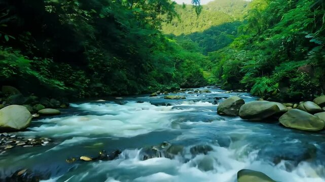 peaceful 4K video mountain river flowing small stones tropical jungle clear water surrounding nature perfect documentaries content promoting flow forest stream landscape tree