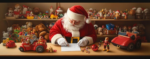 Naklejka premium Santa in a workshop filled with toys, checking his list for the big night