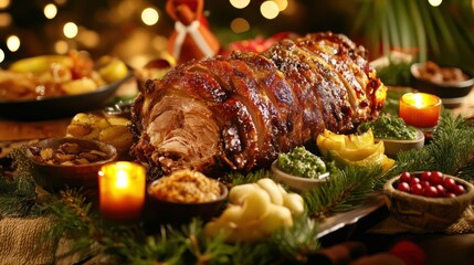 A festive table setting featuring a roasted meat dish surrounded by various sides and decorations.