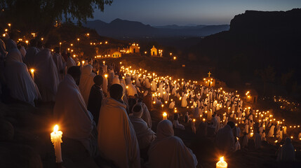 Christmas in Ethiopia, churchgoers dressed in traditional white clothes gather outside the historic rock churches of Lalibela, mountains in the background with a clear night sky, Ai generated images