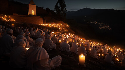 Christmas in Ethiopia, churchgoers dressed in traditional white clothes gather outside the historic rock churches of Lalibela, mountains in the background with a clear night sky, Ai generated images