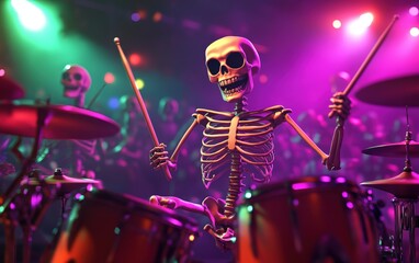 Skeleton in a Band. A 3D skeleton playing drums in a rock band, with other skeleton band members around, bright stage lights and enthusiastic crowd in the background. 