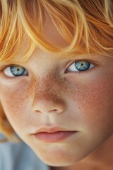 Obraz premium Vivid close-up of a freckled child with blue eyes and blonde hair, showcasing innocence and natural beauty.