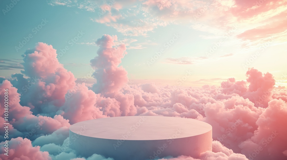 Poster abstract floating platform surrounded by soft clouds