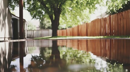 Naklejka premium Backyard with standing water reflecting the surrounding trees and sky, capturing the serene beauty of nature's reflection and the tranquility of a still moment.