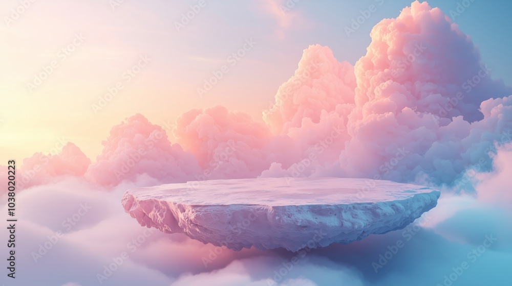Poster abstract floating platform surrounded by soft clouds