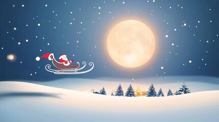 Fototapeta premium Santa s sleigh flying past a glowing moon, snow-covered North Pole below
