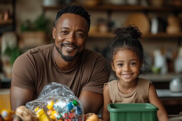 A father and daughter enjoy a bonding moment while engaging in a home recycling project, teaching eco-friendly habits.