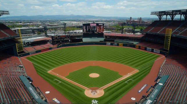 Aerial View of Empty Baseball Stadium with Green Field