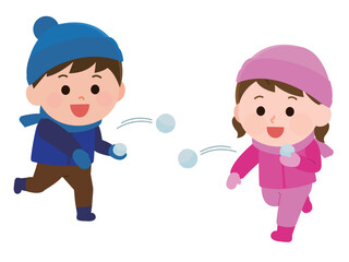 雪合戦をする男の子と女の子　イラスト
