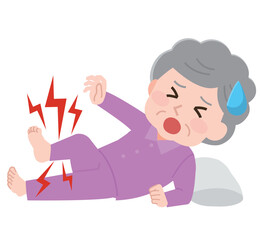就寝中にこむら返りになって痛がる高齢女性　イラスト