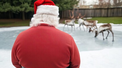 Santa standing by a frozen pond, watching his reindeer frolic in the snow