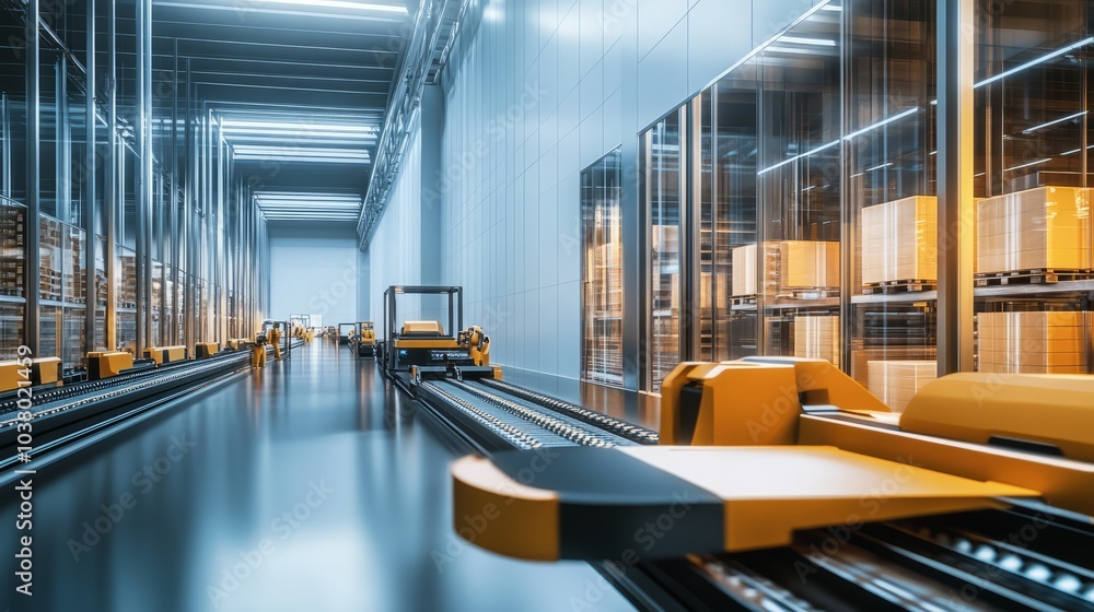 Poster automated efficiency: a modern warehouse with sleek, automated conveyor belts and forklifts, optimiz